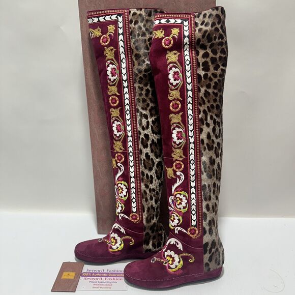 ETRO Women 7 Suede Embroidered Floral Art OTK Over The Knee Boots NIB $2,590 - Picture 6 of 13